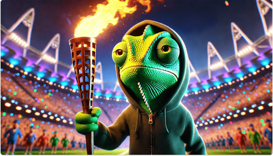 A chameleon holding the olympic torch