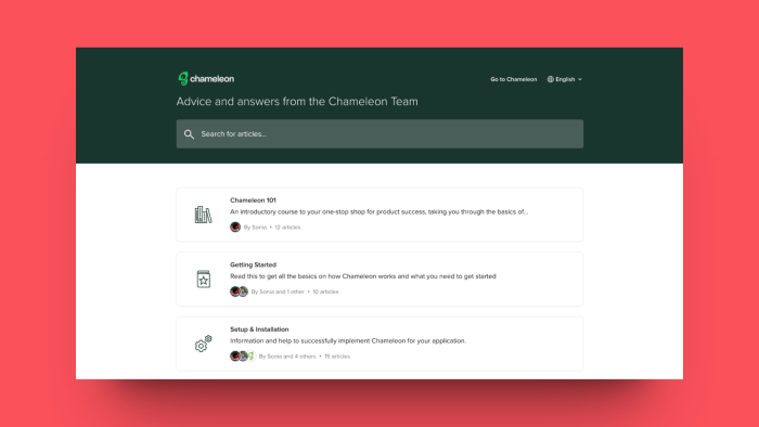 A screenshot of Chameleon’s help center with quick access documentation