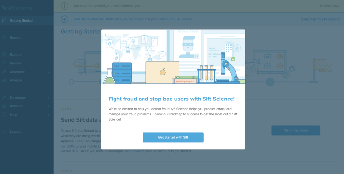 A screenshot of Sift Science onboarding