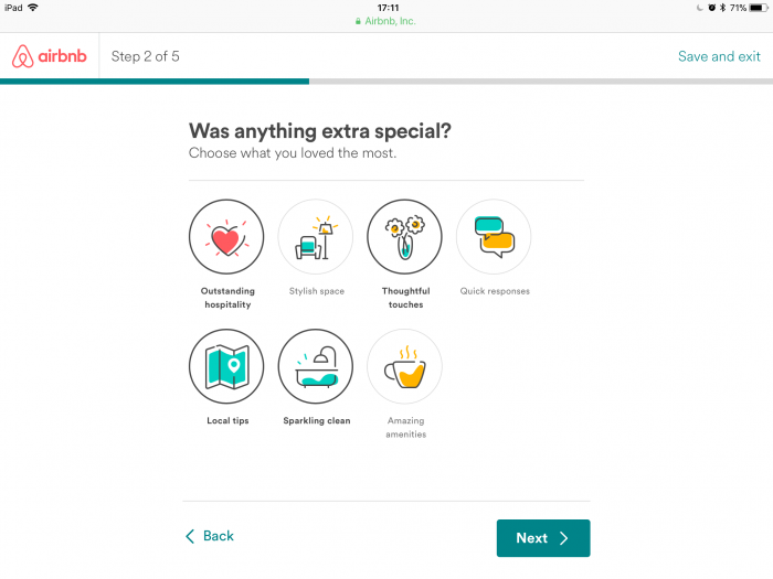 A screenshot of Airbnb’s post-stay survey