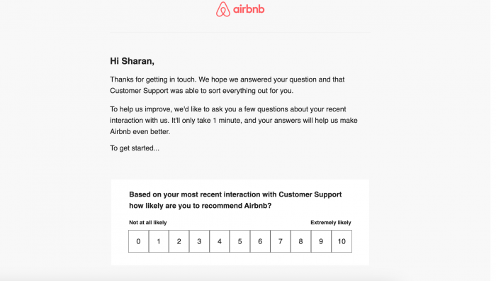 Airbnb’s NPS survey after a customer connects with customer support