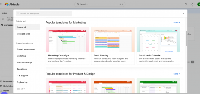 A screenshot of Airtable's customizable templates