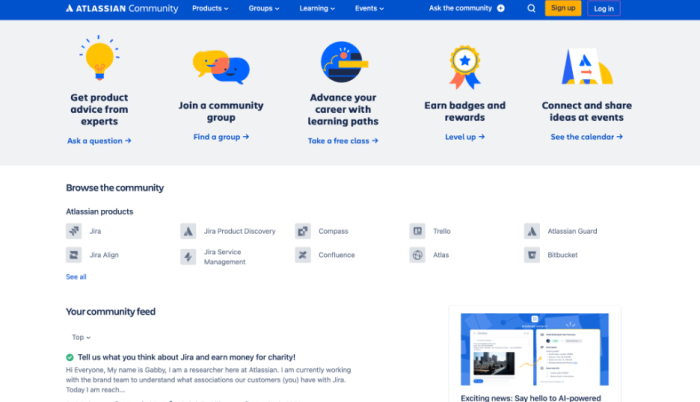 Atlassian’s community forums for user-driven in-app user support