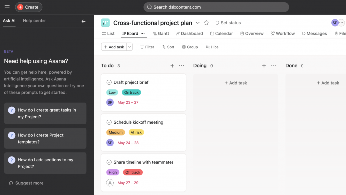 A screenshot of Asana's get started feature