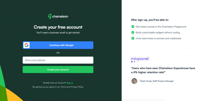 A screenshot of Chameleon's signup page