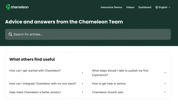 A screenshot of Chameleon’s help center with quick access to FAQs