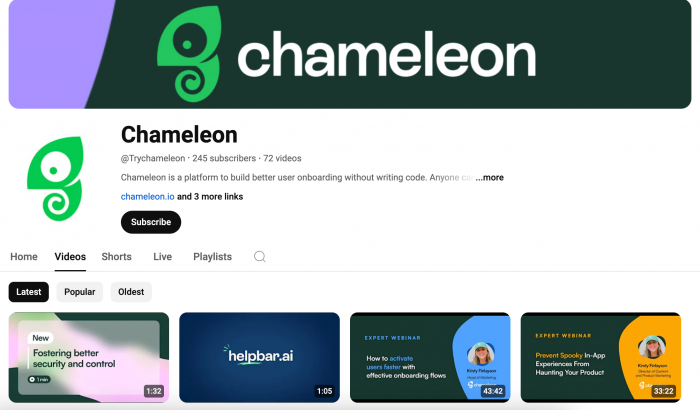 A screenshot of Chameleon’s YouTube Channel