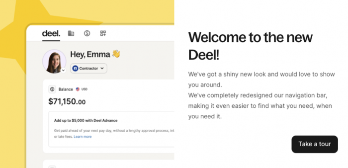 an interface portraying Deel’s new navigation bar update and an option to take a product tour