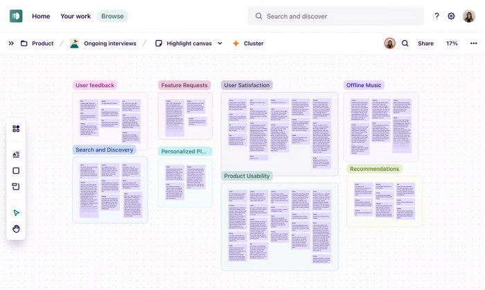 A screenshot of Dovetail’s unstructured data with cluster highlights, notes, and insights