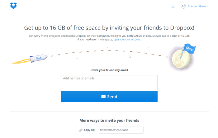 Screenshot of Dropbox's referral program page