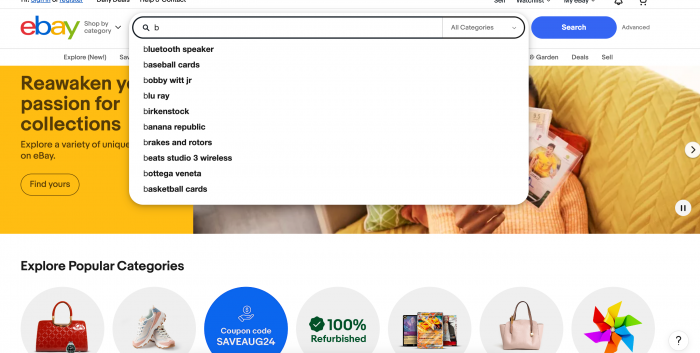 A screenshot of Ebay's auto-fill search feature