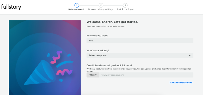 A screenshot of FullStory's onboarding set up