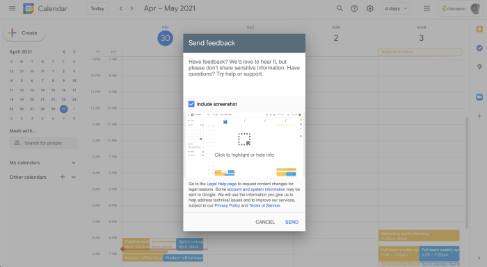 An image of Google Calendar's Microsurvey modal