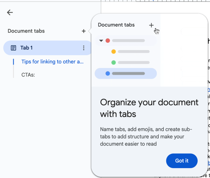 Google doc's in-app guidance for new features