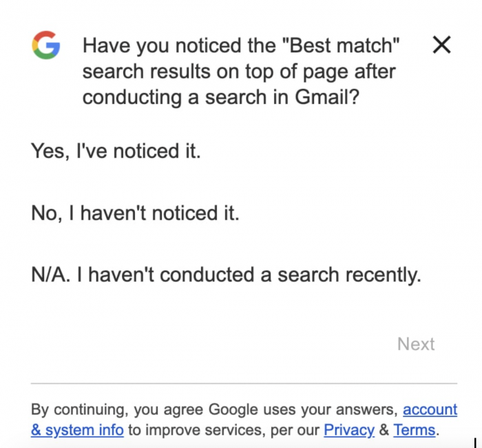 A screenshot of Google’s in-app survey