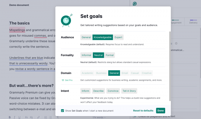 A screenshot of Grammarly's demo account