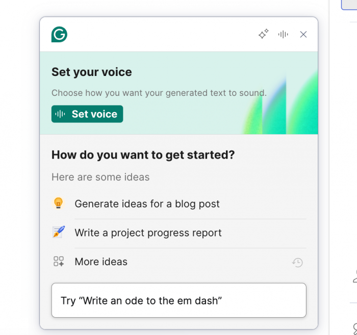 A screenshot of Grammarly's AI assistant tool tip