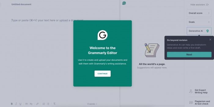 A screenshot of Grammarly's welcome page