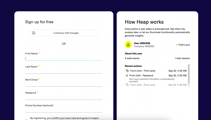 A screenshot of Heap's demo when users signup for the first time