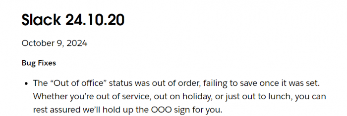 Bug fix release note from Slack