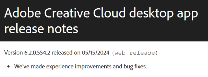 Adobe Creative Cloud desktop app release note