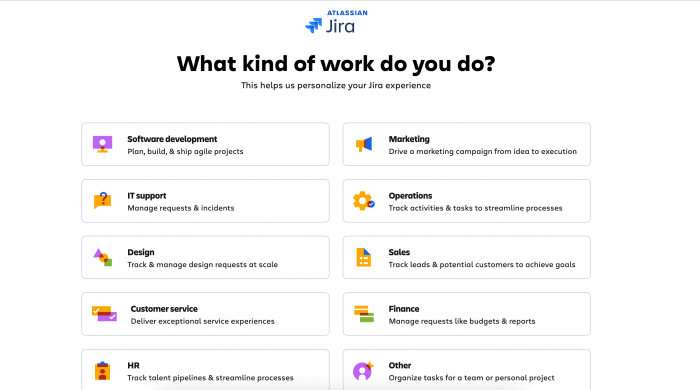 A screenshot of Jira's role-based onboarding