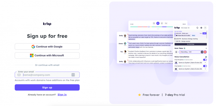 A screenshot of Krisp's signup page