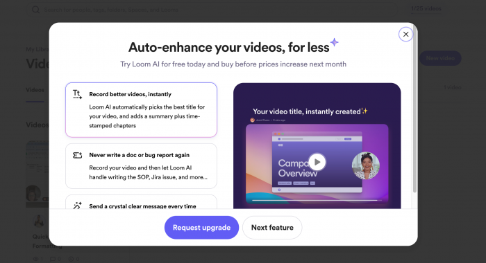 A screenshot of Loom's feature upgrade