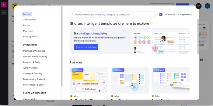 A screenshot of Miro's personalized templates