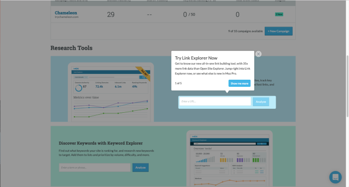 Screenshot of Moz' link explorer tool and Chameleon's tool tip