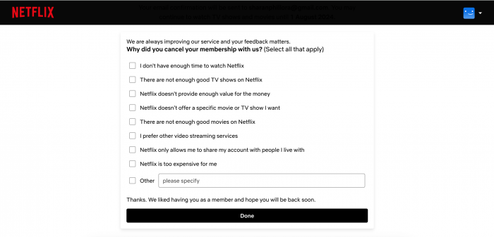 A screenshot of Netflix India’s churn survey when user’s cancel their subscription