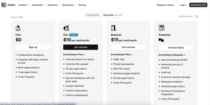 Notion's pricing page