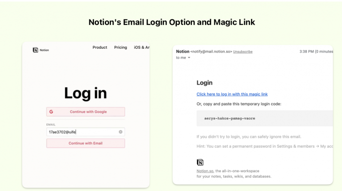 A screenshot of Notion’s quick email login option and magic link