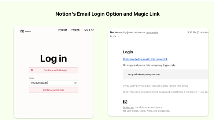 A screenshot of Notion’s quick email login option and magic link