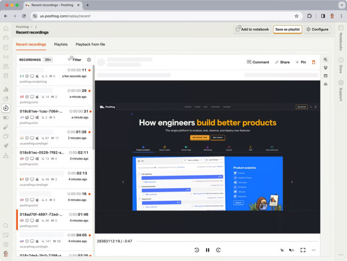 A screenshot of PostHog’s session recording and replay feature