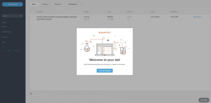 An image of Quartzy's welcome modal