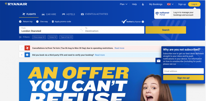 A screenshot of Ryanair's official website