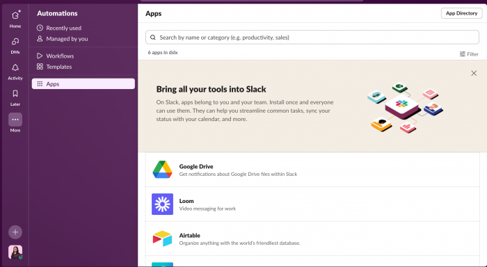 A screenshot of Slack's integrations