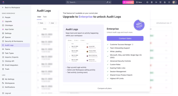 An interface screenshot of Click up's audit log gated feature