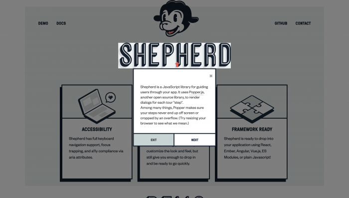 A screenshot of an element from the best React product tour libraries for onboarding Shepherd.js