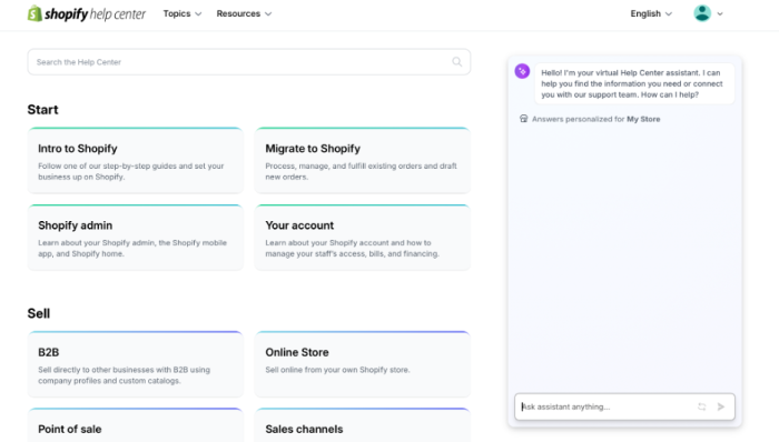 Shopify's knowledge base for self-service support