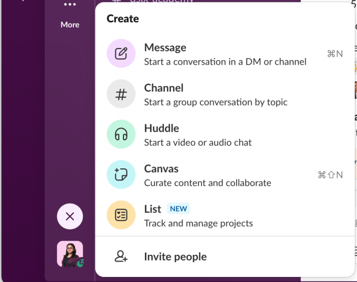 A screenshot of Slack's easy to create channels