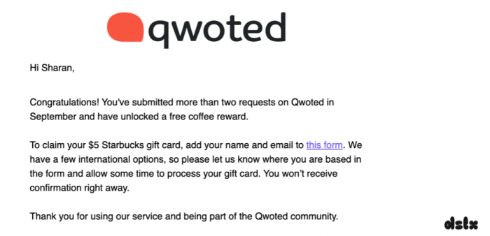 A screenshot of the email received from Qwoted about the Starbucks gift card reward