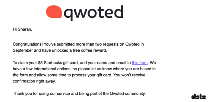 A screenshot of the email received from Qwoted about the Starbucks gift card reward