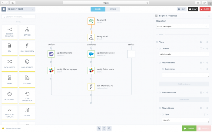 A screenshot of Tray.io’s workflow builder