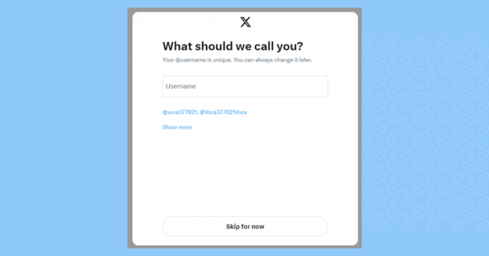 A screen from X's signup process inviting new users to describe themselves in a bio, with an option to skip