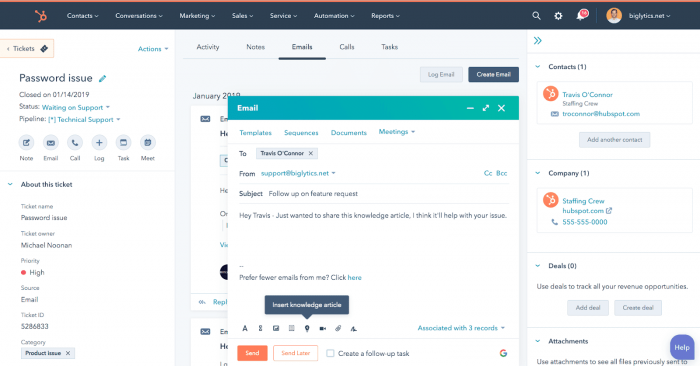 Hubspot Service Hub interface with customer support email