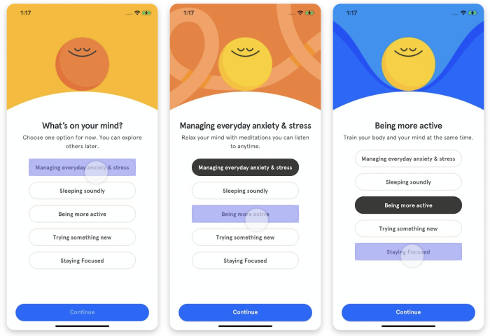 A screenshot of Headspace mobile user onboarding flow