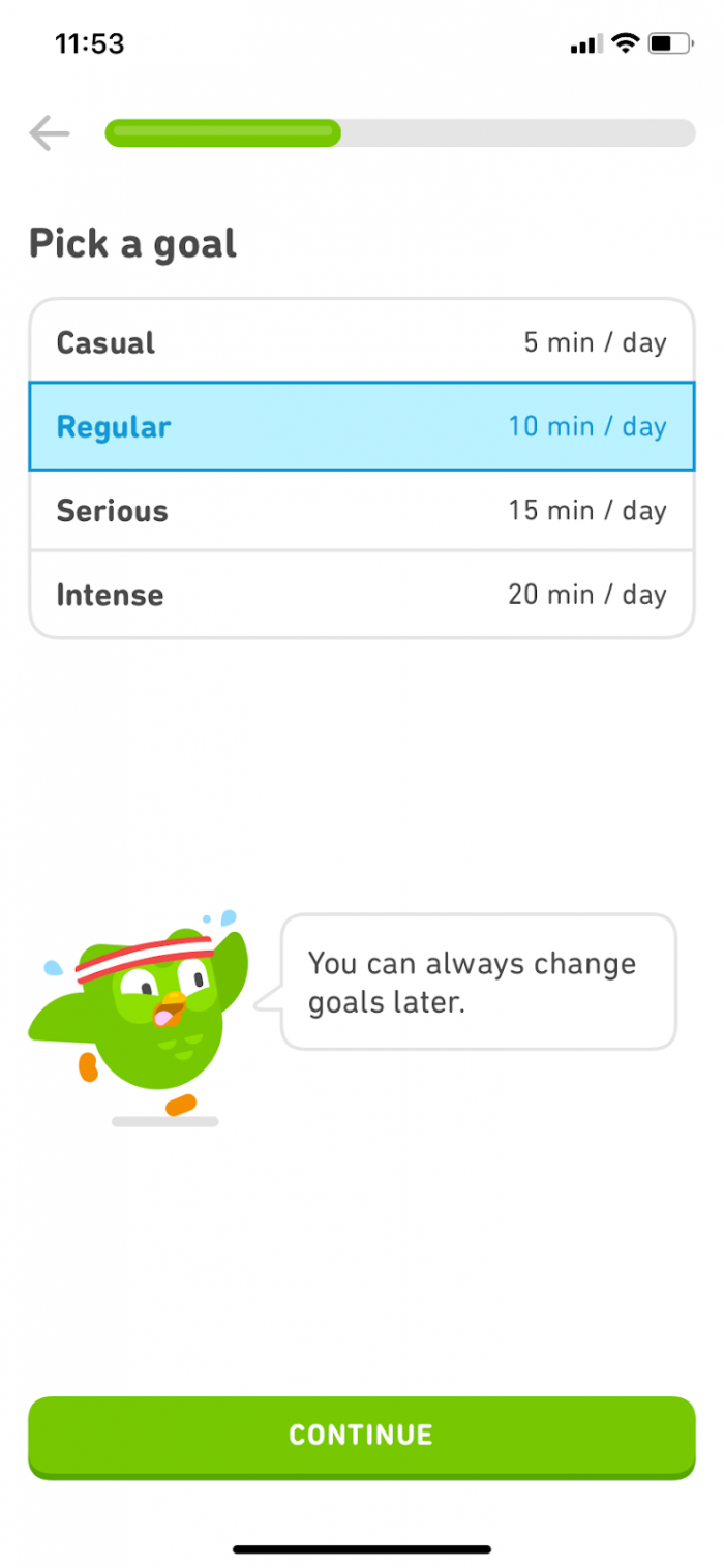 Screenshot of Duolingo user onboarding process progress indicator