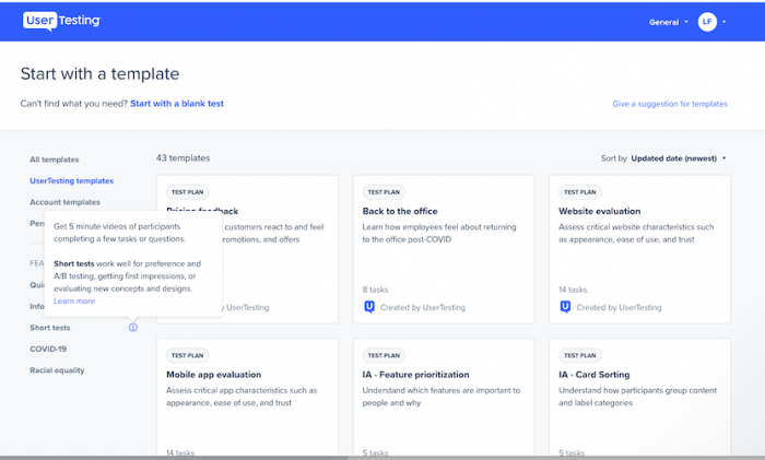 A screenshot of UserTesting test templates